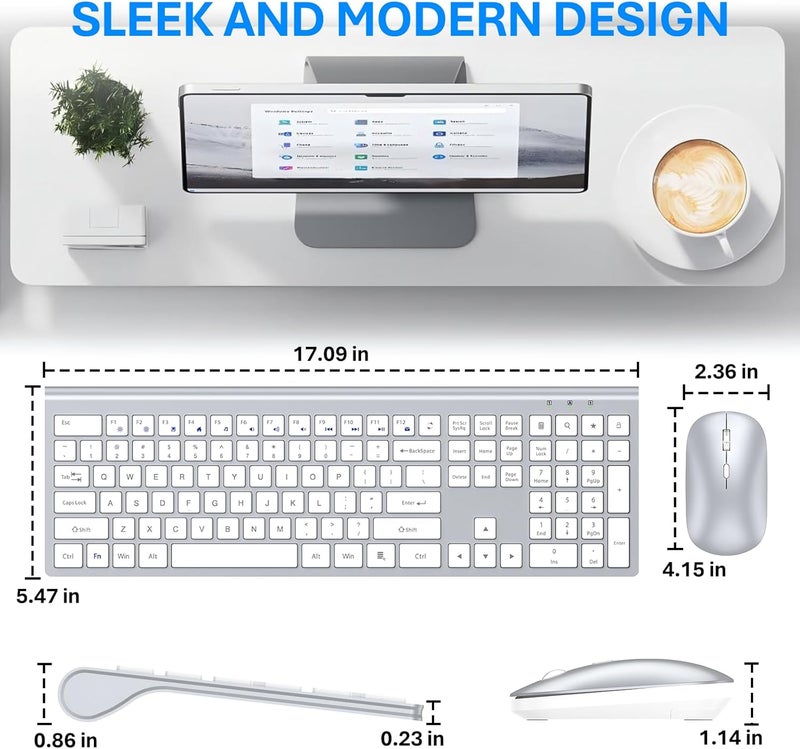 EDJO Wireless Keyboard and Mouse Combo, Full Size Keyboard and Mouse, Long Battery Life, Optical Mouse, 2.4G Lag-Free Cordless Mice Keyboard Set Ultra Slim Design for Computer, Laptop, PC, Windows (Silver) - Image 2